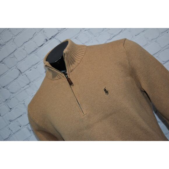 Polo Ralph Lauren Sweater Mens Size Large 1/4 Leather Zip Tan Cotton - Picture 1 of 7